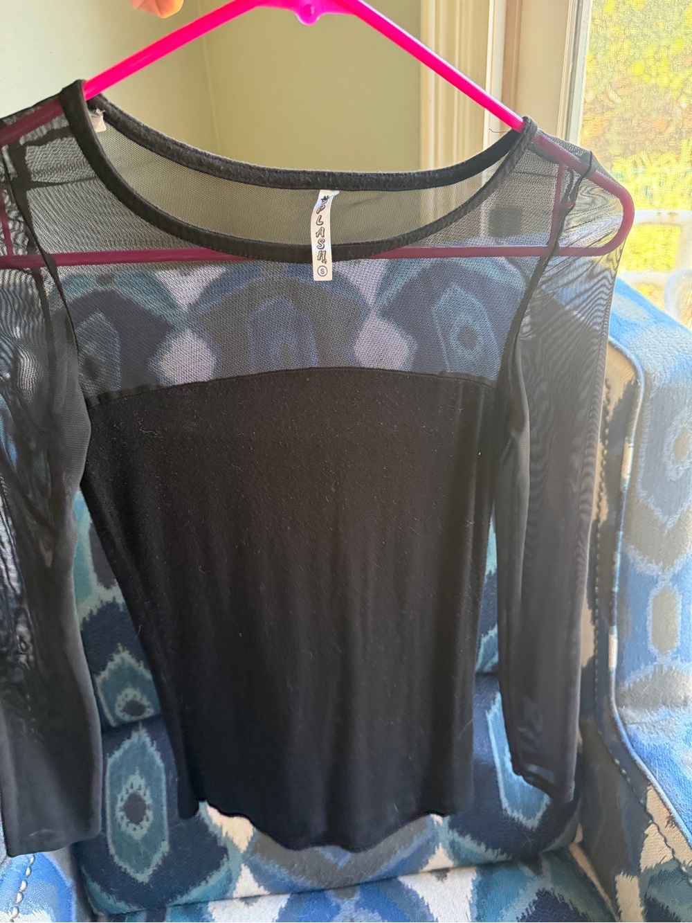 Women's Black Long-Sleeve Sheer Panel Top - Picture 4 of 4